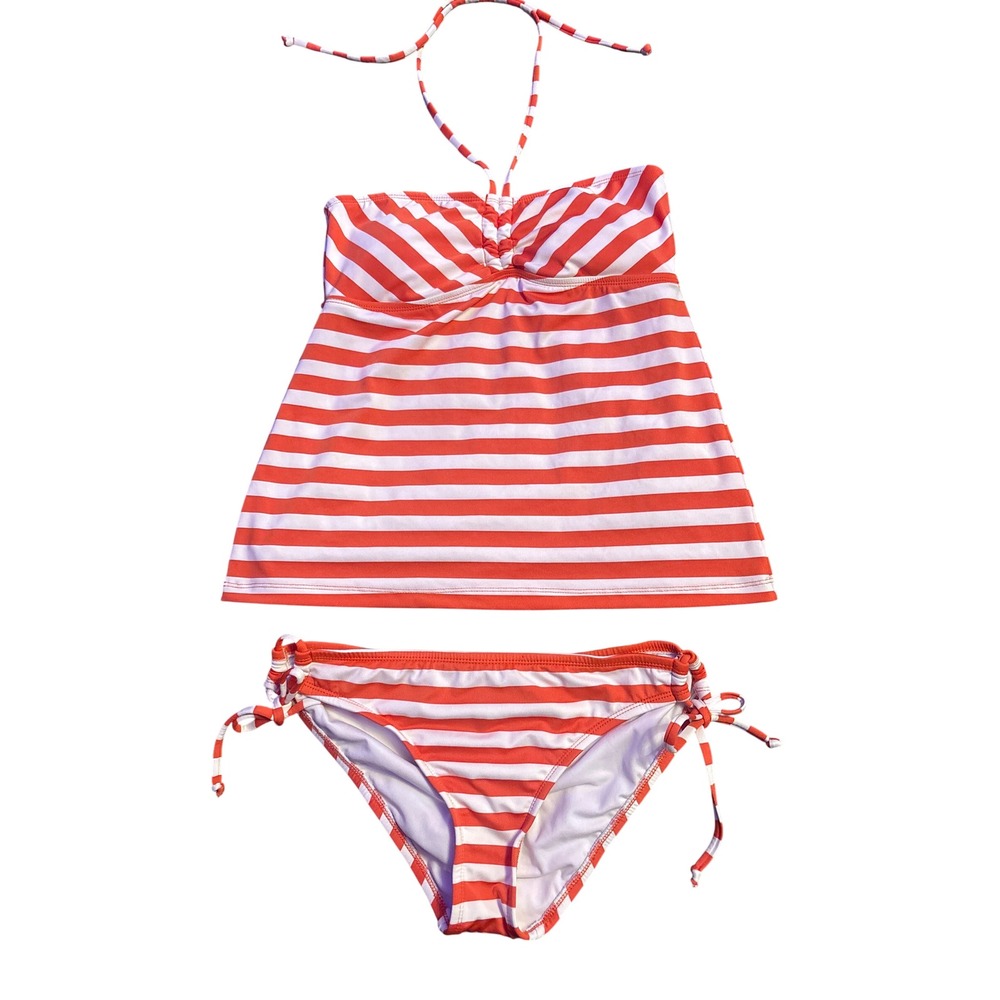 Mossimo Tankini Swimsuit 2 Piece Orange White Striped Halter Tie Side Small